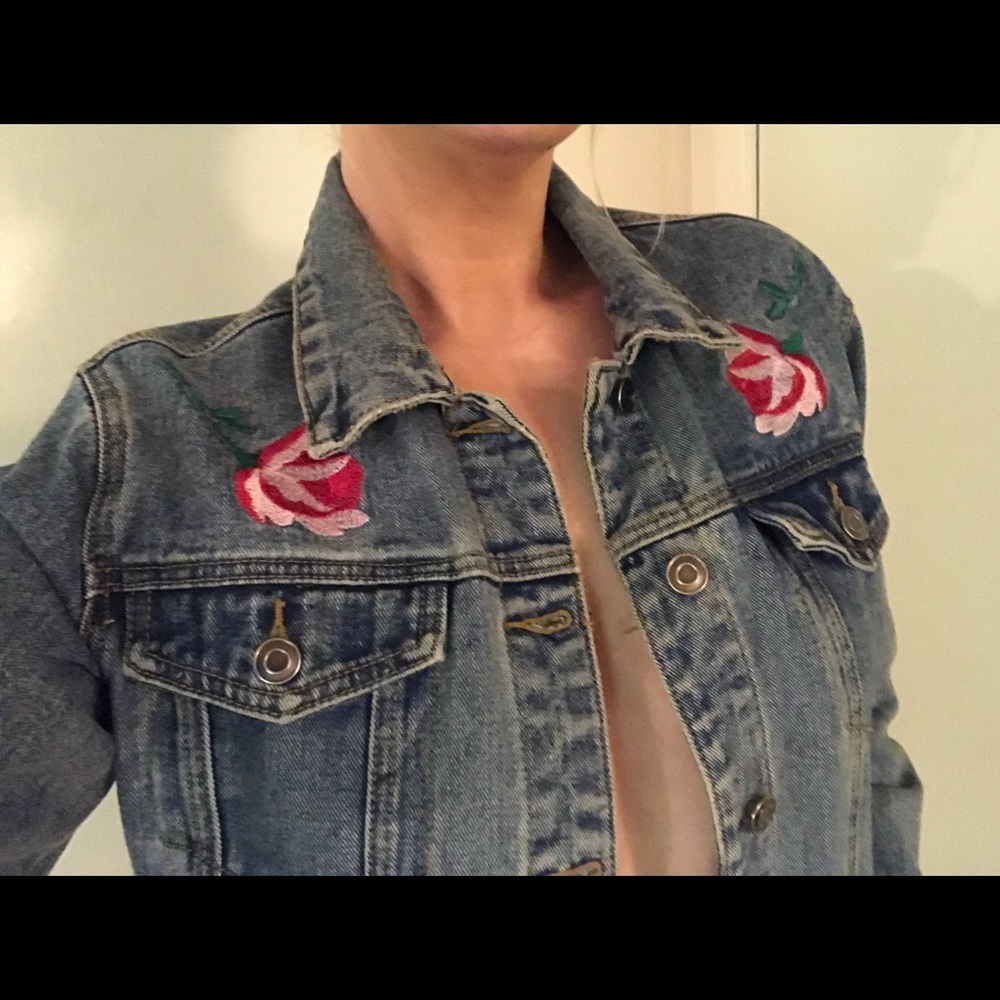 Embroidered Denim Jacket w Roses and Tiger